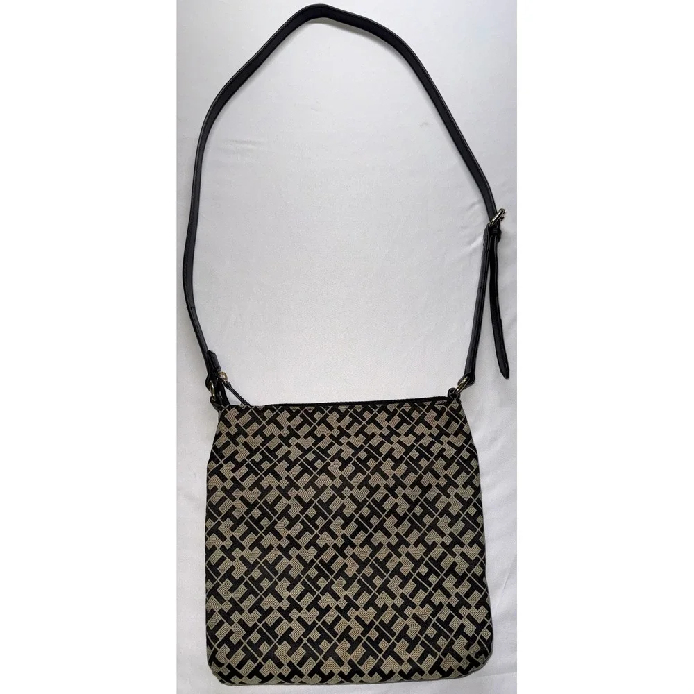 Tommy Hilfiger Crossbody Bag Womens Small Black Tan Monogram Jacquard Purse